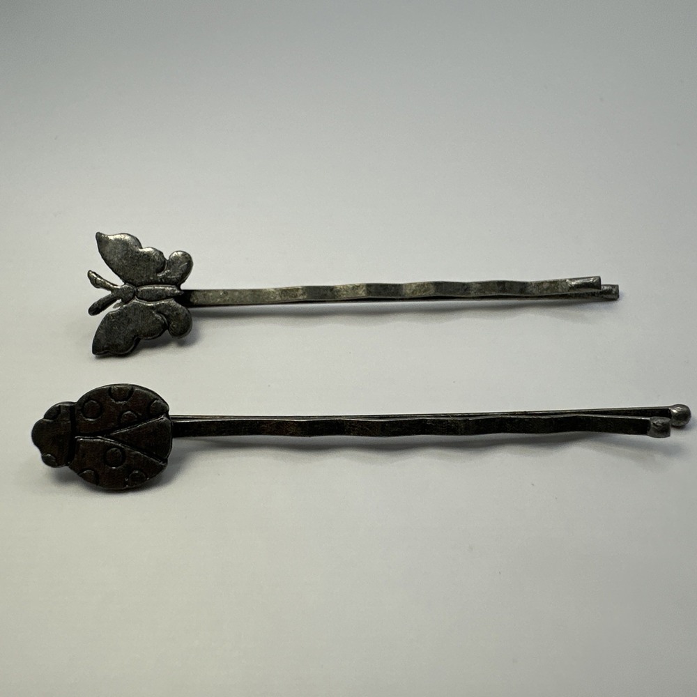 Vintage Butterfly & Ladybug Bobby Pins 2 Total Silver Color